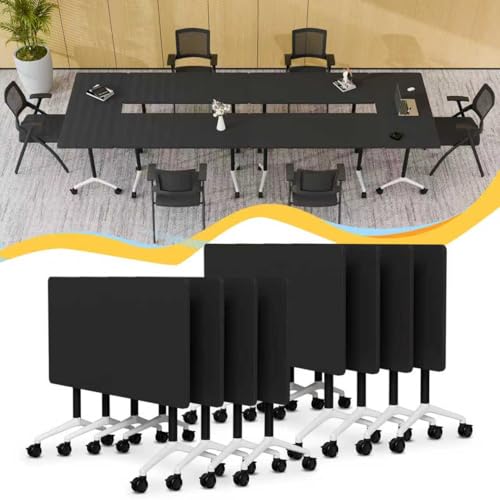 Conference Room Table, Mobile Folding Conference Table on Wheels, Modern Flip Top Stackable Training Tables, Heavy-Duty Modular Meeting Tables for Office Boardroom Classroom (8, Black-A, 55.1in)
