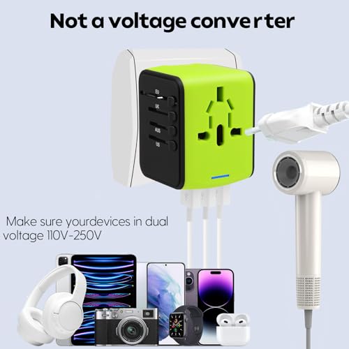 Image of JMFONE International Travel Adapter 2 USB-C & 2 USB-A Ports and Multi AC Sockets,Universal Power Adapter Worldwide All in One High Speed 2.4A Perfect for 200+ Countries (Green)