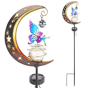 Solar Garden Light Moon Fairy Stake Lights Crackle Glass Globe with Color Angel Decor, Outdoor LED Pathway Lights Waterproof for Walkway, Yard, Lawn, Patio or Courtyard(Warm Light)