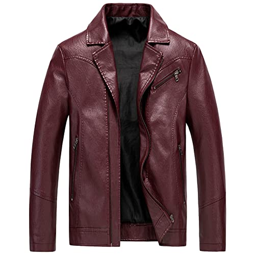 Maiyifu-GJ Men's PU Faux Leather Jacket Notch Lapel Slim Fit Zip Up Biker Jacket Vintage Moto Lightweight Outwear Coat (Red Wine,3X-Large)