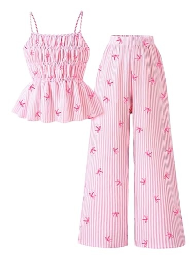 Cakaner Girls 2 Piece Outfit Set Summer Clothes Bow Print Cami Top Wide Leg Pants with Pockets Size 8 9