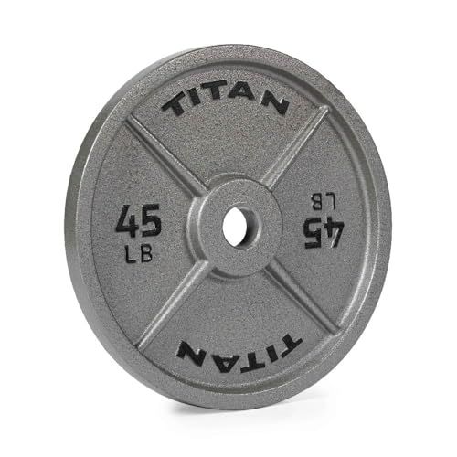 Titan Fitness 45 LB Cast Iron Olympic Plate, Sold Individually, Classic Weight Plate Design, Silver Hammer Finish
