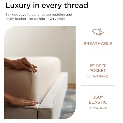 Image of Threadmill 100% Cotton Sheets for Twin Size Bed - 600 Thread Count Twin Bed Sheets Set with 15 inch Deep Pocket - Sateen Weave 3-Piece Bedding Set with Cooling Effect, Beige