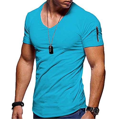 Streetwear Hommes Sport Randonnée Hommes T-Shirt Manches Courtes Et Col en V Basique Couleur Unie Hommes Shirt Loisirs À Glissière Tendance du Design Mode Hommes Shirt H-Blue 3 M Cover