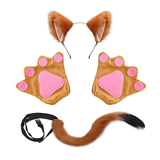 TSHAOUN 4 Piezas Conjunto de Cosplay de zorro para Disfraz de zorro de piel sintéticaAccesorios Guantes de zorro de Felpa Orejas de zorro de zorro Cola para Halloween Fiesta