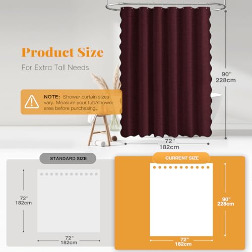 BTTN 72x90 Boho Scalloped Linen Textured Cloth Shower Curtain Set, Burgundy by BTTN - Used condition - Image 3