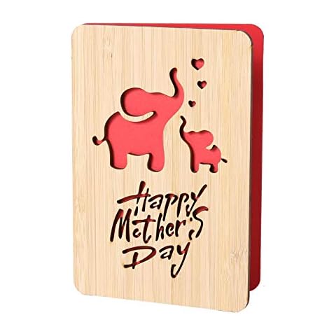 Elephant Mother's Day Card,Handmade with Real Bamboo Wooden Mother's Day Gifts for Mum,Wife,Wood Mom Birthday Card from Daughter Cover