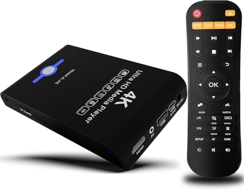 4K Ultra HD Media Player & HDD Enclosure 2-in-1,Digital Signage, Play H.265/HEVC H.264/AVC MP4 MKV Videos,MP3 Music,JPG Photos,Auto Playback and Resume,Supports HDDs,USB/SD Card,4k HDMI,Analog AV.