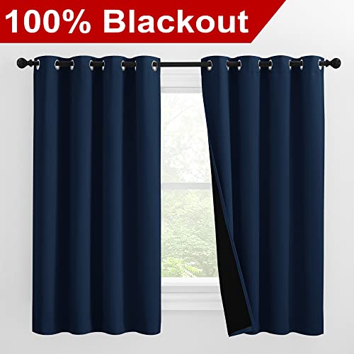 Image of NICETOWN 100% Blackout Curtains with Black Liners, Thermal Insulated 2-Layer Lined Drapes, Energy Efficiency Small Window Draperies for Dining Room (Navy Blue, 2 Panels, 55 inches W by 57 inches L)