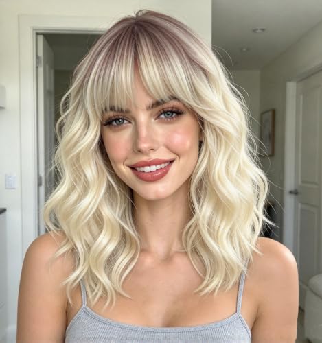 Platinum Blonde Wig with Bangs,14 Inch Short Wavy Curly Bob Hair