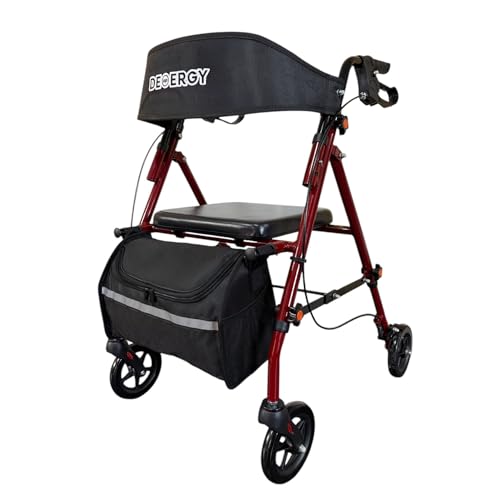 DEMERGY® Andador para Ancianos Plegable Ligero Asiento Extragrueso Respaldo, 4 Ruedas Todo Terreno, Frenos Manuales Altura Ajustable, Incluye Mochila, Ideal para Mayores Personas Movilidad Reducida