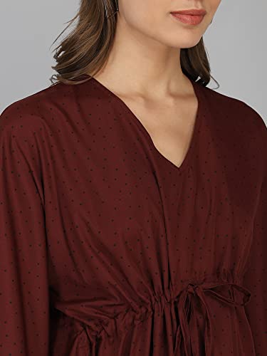 Image of Serein Women's Kaftan Dress (Maroon Polka Printed Crepe Kaftan Maxi with Waist String & V-Neck) (Maroon, Large) (SER-DRESS-GU-1-L)