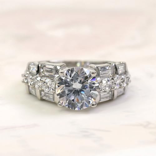 Moissanite Engagement Ring for Women 3 Ct Round Cut with Baguette Round Accents 925 Sterling Silver Wedding Ring2