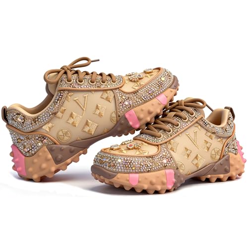 TITENGSS Rhinestone Sneakers for Women Glitter Platform Shoes Fashion Platform Sparkly Dad Casual Shoes Sport Footwearg- Daily and Party wear Beige