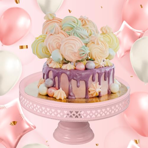 Image of anushkametals Pink Cake Stand Pedestal - 9 inch Top Diameter x 5 inch Height - Decorative Metal Dessert Display Stand for Cakes, Cupcakes & Party Table Decor