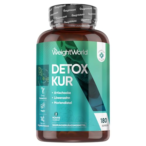 Detox Kur mit Artischocke, Mariendistel, Löwenzahn - 180 vegane Kapseln - 10 Mrd. KBE Kulturen Komplex - Mit Flohsamenschalen, Leinsamen, Aloe Vera - Frei von Magnesiumstearat & Gluten - WeightWorld