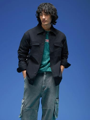 Image of Veirdo Regular Fit Solid Collared Full Sleeves Twill Lycra Material Full Sleeve Casual Winter Shacket For Men (Available Colors: Olive, Navy & Black)