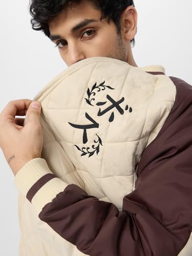 Image of The Souled Store Blaze Of Fury Men and Boys Long Sleeves Band Neck Zipper Front Beige and Brown Printed Polyester Oversized Puffer Jackets