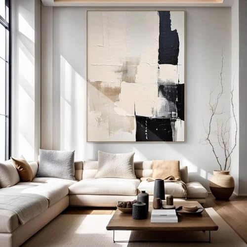 Grande toile abstraite noire et beige pour habiller un grand mur vide