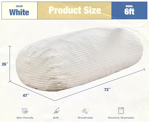 Image of Hobestluk 6FT Bean Bag Chairs Adult Bean Bag with Portable Handle Comfy Large Bean Bag Lounge Chair with Removable Cover for Living Room Bedroom (Stripe White, 6FT)