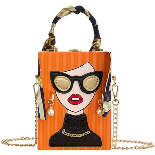 Novelty Unique 3D Lady Face PU Leather Top Handle Satchel Handbags for Women Funky Tote Purse Hobo Crossbody Shoulder bags (Acrylic Orange)
