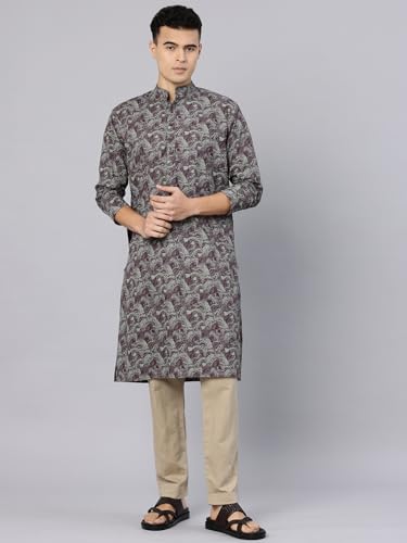 Image of Majestic Man Men's Regular Fit Ethnic Motifs Printed Pure Cotton Long Kurta with Mandarin Collar & Full Sleeves