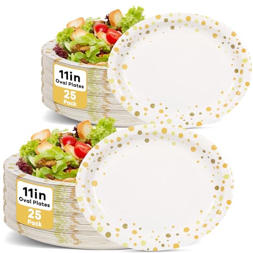 50Pcs White and Gold Party Supplies Large Gold Dot on White Paper Plates Oval Dinner Plates Disposable Party Tableware for Birthday Decorations Graduation Baby Showers Wedding Holiday Anniversary