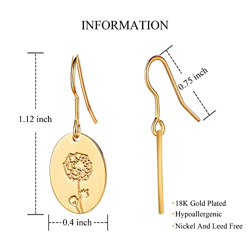 Moodear Gold Drop Earrings,Birth Flower Earrings 18K Gold Engraved Cosmos ​Birth Month Flower Dangle Earrings Dainty Minimalist Oval Floral Pendant Earring Personalized Cewelry Statement Birthday Gift For Her #TOP5