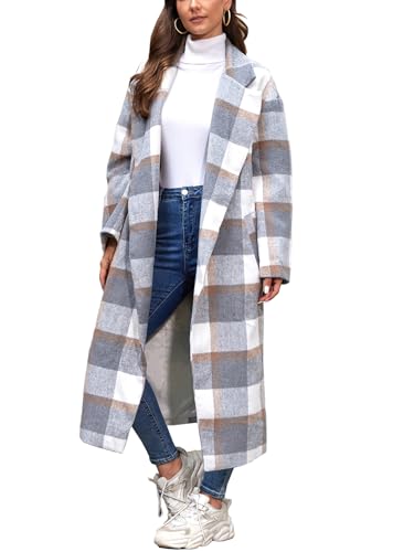 Women's Plaid Wool Coat Shacket Jacket Casual Long Sleeve Laple Button Down Flannel Trench Coats