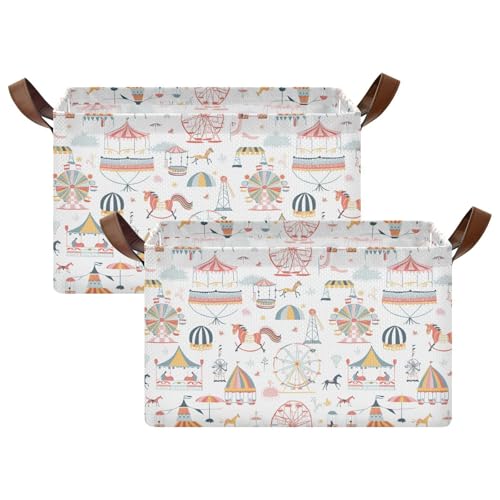 YNNALE Ferris Wheel Theme Park Baby Storage Basket with Labels&Handles Rectangular Waterproof Nursery Storage Bins Collapsible Shelf Organizer Baskets for Kids Books Cloth Gift Toys Laundry, 2 Pack