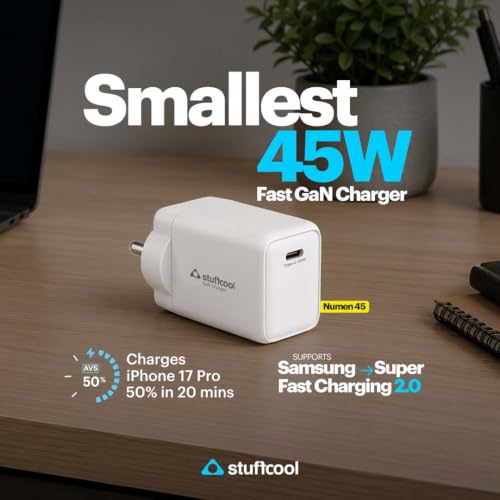 Image of Stuffcool Numen 45W GaN Fast Charger with 45W PD PPS, Supports SFC 2.0 & AVS, Charges iPhone 17 Pro 50% in 20 mins, Samsung Galaxy, Pixel & MacBook Air, with 100W 5A C to C Cable, Made in India