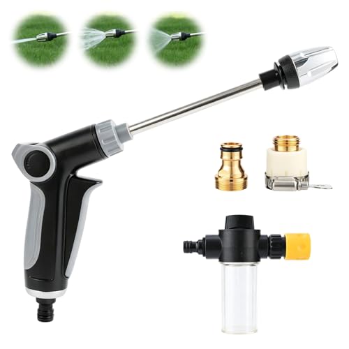 Turn Any Hose Into A High-Pressure Water Jet Heavy Duty Garden Hose Nozzle Multi Function Lawn & Garden Watering Sprayer Spray Nozzles for Cleaning Yard Pets Car Three Spray Modes with Foam Pot