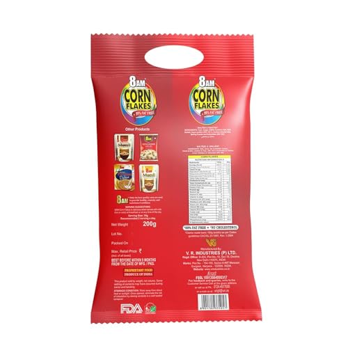 Image of 8AM Corn Flakes 200g, 92% Corn, 99% Fat Free, No Cholesterol, Trans Fat, Artificial Additives, Vitamins B1, B2, B3, B6, B9, Iron, Calcium, Crunchy & Nutritious Cereal