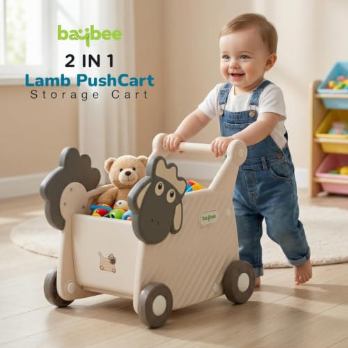 Image of Baybee 2 in 1 Push Walker with Shopping Cart for Kids | Smooth Rolling Wheels, Rounded Edges, WideToy Storage Organizer | Walking Support for Baby Boys & Girls 0-3 Years (White & Grey)