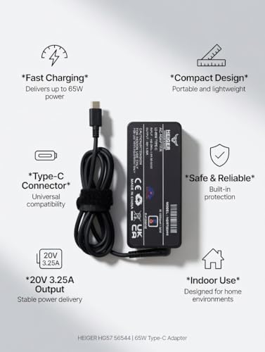 Image of USB Type C 65W Laptop Charger Compatible with Lenovo, Dell, HP, Acer, Chromebook, Asus, Samsung, Sony, Fast Charging, Black, Corded Electric