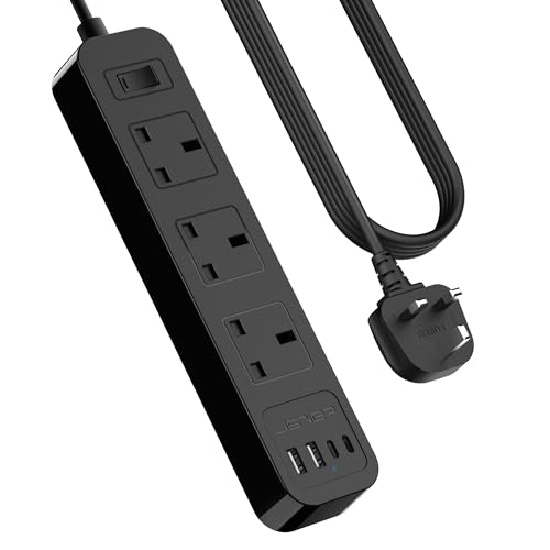 JSVER Extension Lead with USB C Slots, Desktop Power Strip 3M Cord with 3 Way Outlets and USB C Fast Charger(5V 3.4A), Power Socket with Switch for Home, Office-Black
