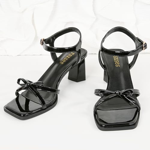 Image of rsxses High Heels for Women Bow Block Chunky Heels Square Open Toe Sandals Wedding Dress Party Strappy Heels