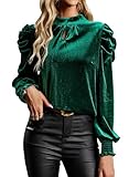 Womens Green Mock Neck Puff Long Sleeve Keyhole Velvet Tops 2025 Fall Winter Christmas New Years Eve Holiday Evening Party Plus Size Dressy Casual Elegant Shirts Blouse 2XL