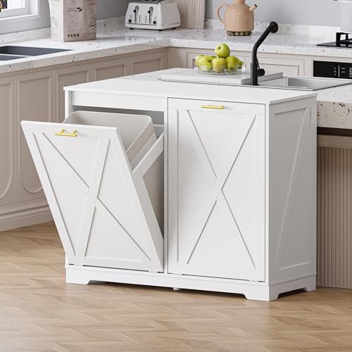 Image of Double Tilt Out Trash Can Cabinet, Wooden Farmhouse Kitchen Garbage Bin Enclosure with Negative Ion Odor Control, Hidden Dog Proof Trash or Laundry Basket Storage for Laundry Room, White