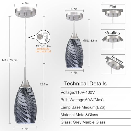 Image of Viinew Mini Glass Pendant Light,1-Pack Gray Marble Glass Hanging Light