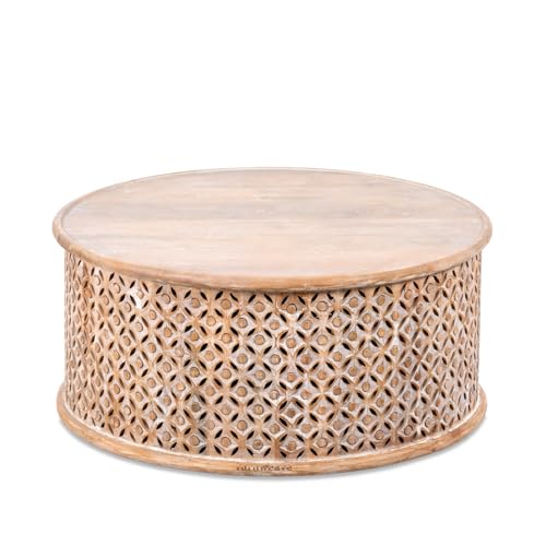 Image of Wooden Coffee Table for Living Room | Handcrafted Solid Wood Round Center Table with Carved Jaali Design | Coffee Table for Home Decor | Tea Table for Bedroom & Office (Brown Distress)