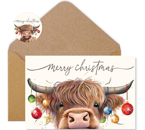 Whaline 36Pcs Highland Cow Christmas Cards with Envelopes and Stickers Cow Colored Lights Greeting Card Xmas Blank Note Card for Christmas Winter Holiday