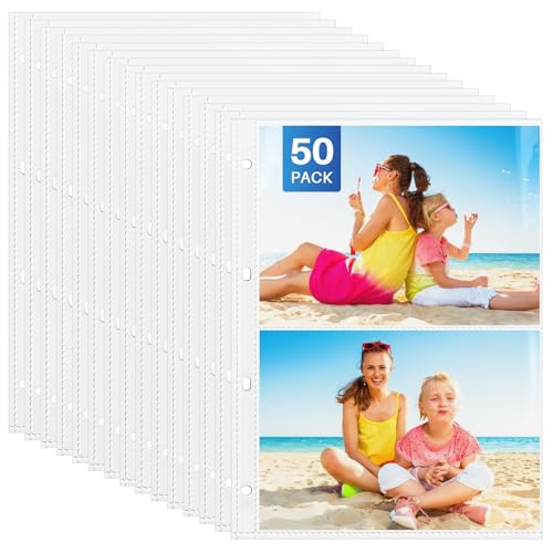 Image of WenYa 50-Pack A4 2-Pocket Photo Sleeves for 6x8 Photos & A5 Documents, Side-Loading Clear Punch Pockets for 2/3/4 Ring Binder, Holds 100/200 Items Total - for Photos, Recipes, Inserts