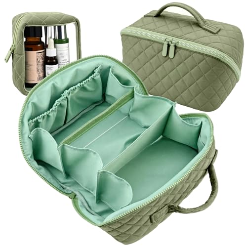 Image of Travel Makeup Bag for Women, Lay Flat Cosmetic Bag with Brush Compartments, Large Capacity 180° Open Puffer Toiletry Bag, Portable Quilted Make Up Storage, Organiser Case with Handle - Green