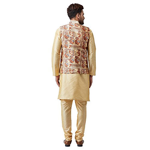 Image of SOJANYA (Since 1958, Men's Silk Gold Kurta Pyjama & Beige Printed Nehru Jacket set, Size: L(SJR-095-NJacket-Print-501-40)