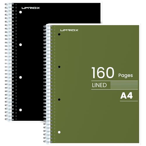 Umriox A4 Notebook, 8 mm Lined Wirebound Notebook with 4-Hole Punch Margins, 160 Pages Premium Paper College Ruled Journal with Perforated Edges, Pack of 2 Notepads - Black+Green