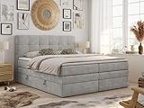 MKS MEBLE King Boxspringbett 180x200 cm, Polsterbett mit 2 Bettkästen, Bett mit Multipocket-Matratze H4, inkl. Topper Visco, Kopfteil - Luka - Hellgrau Strukture