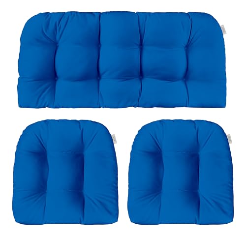 RSH DECOR Sunbrella 3 Piece Wicker Tufted Loveseat Set, Outdoor Pillows & Outdoor Chair Cushions, Patio Loveseat 44"x22" & 2-22"x22" U-Shaped, Performance Fabric, Canvas Pacific Blue - Made in USA