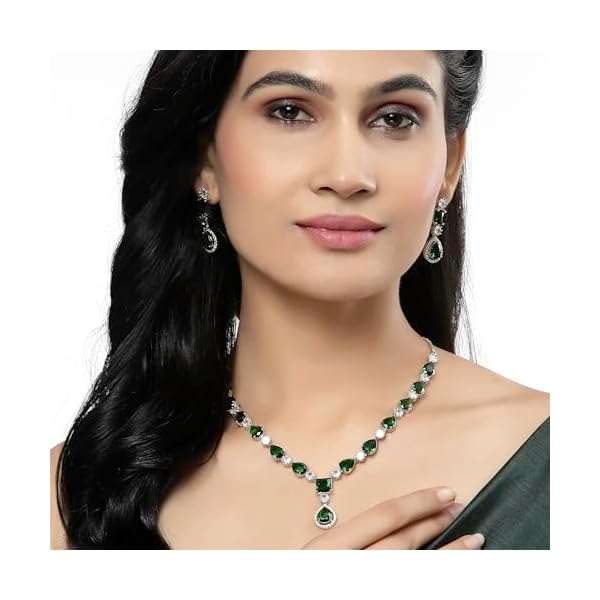 ZENEME Rhodium-Plated American Diamond Studded Fashionable Necklace With Earrings Jewellery Set For Girls and Women - Image 4