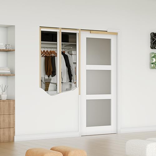 Lakenyon 32 in. x 80 in. Sliding Pocket Door, 3-Lite Frosted Glass Interior Door with Frame and Hardware Kit Set, White Primed - Easy Assembly